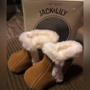 Jack and lily mocs. Fur lined booties. Size 0-6 months. New in box. Camel color